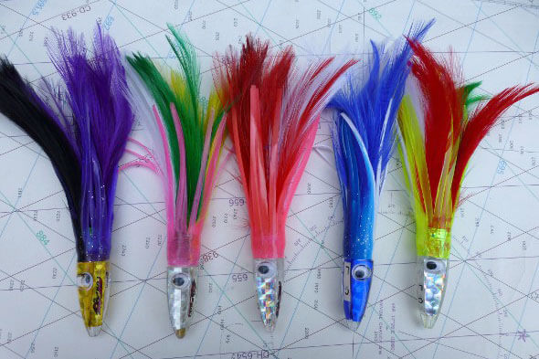 Vintage 1960'sOriginal Japanese Pearlhead Blue FinTrolling Feathers Red & White 